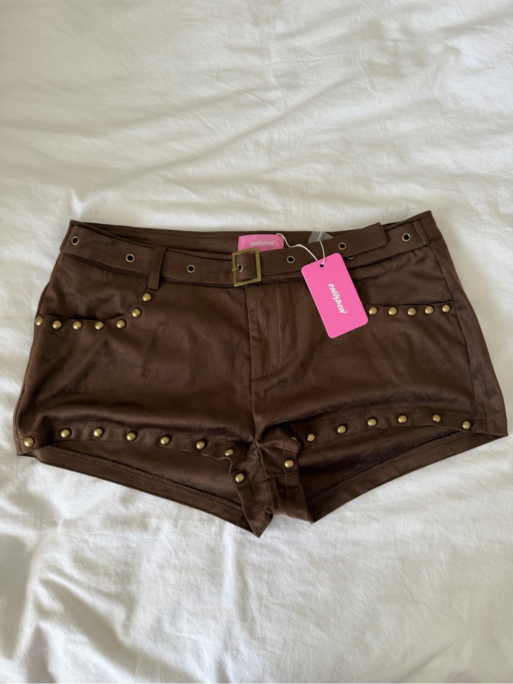 Edikted Brown Studded Jean Shorts with Belt
